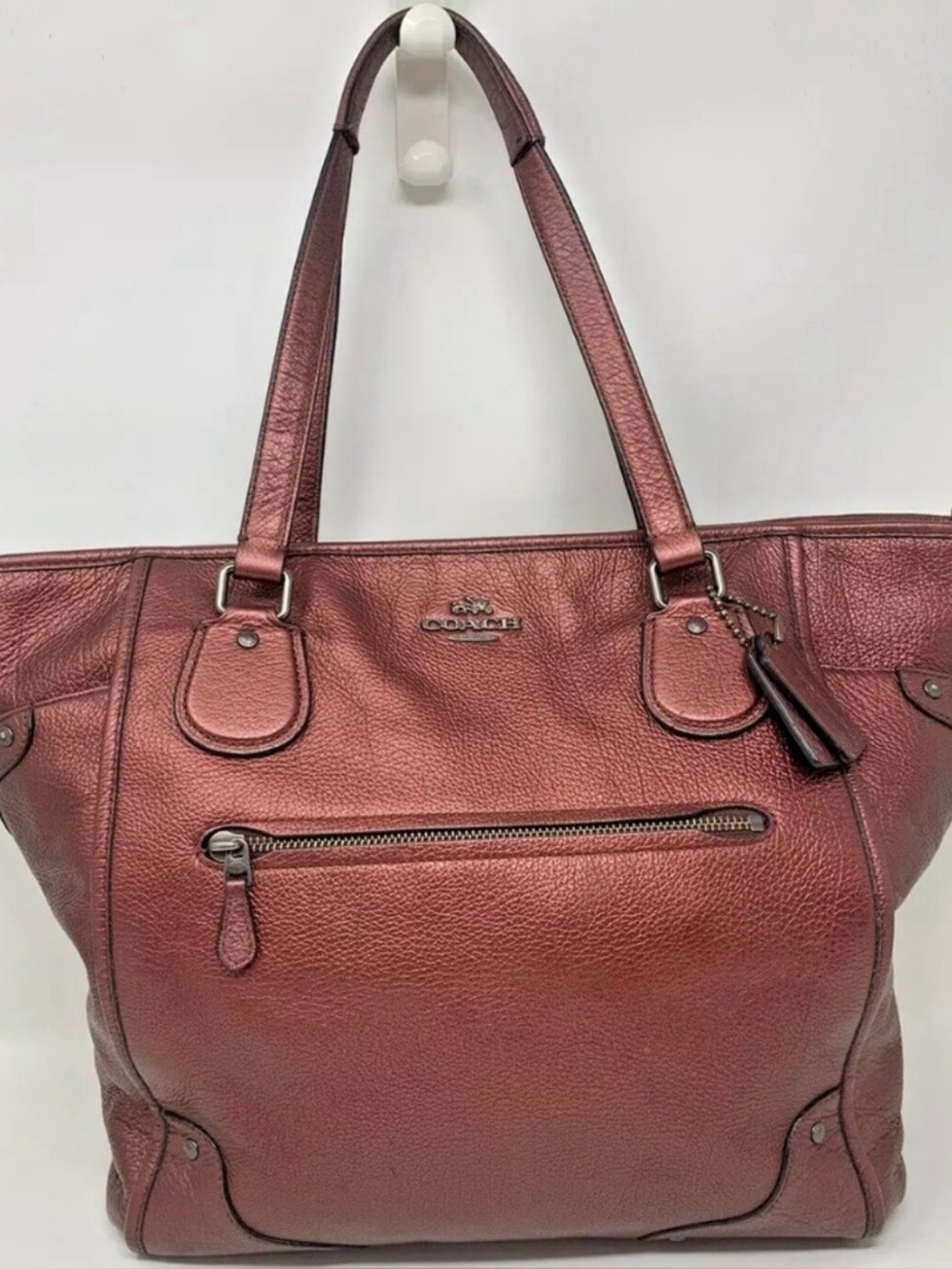 Coach Mickie Metallic Cherry Red Leather Tote Bag